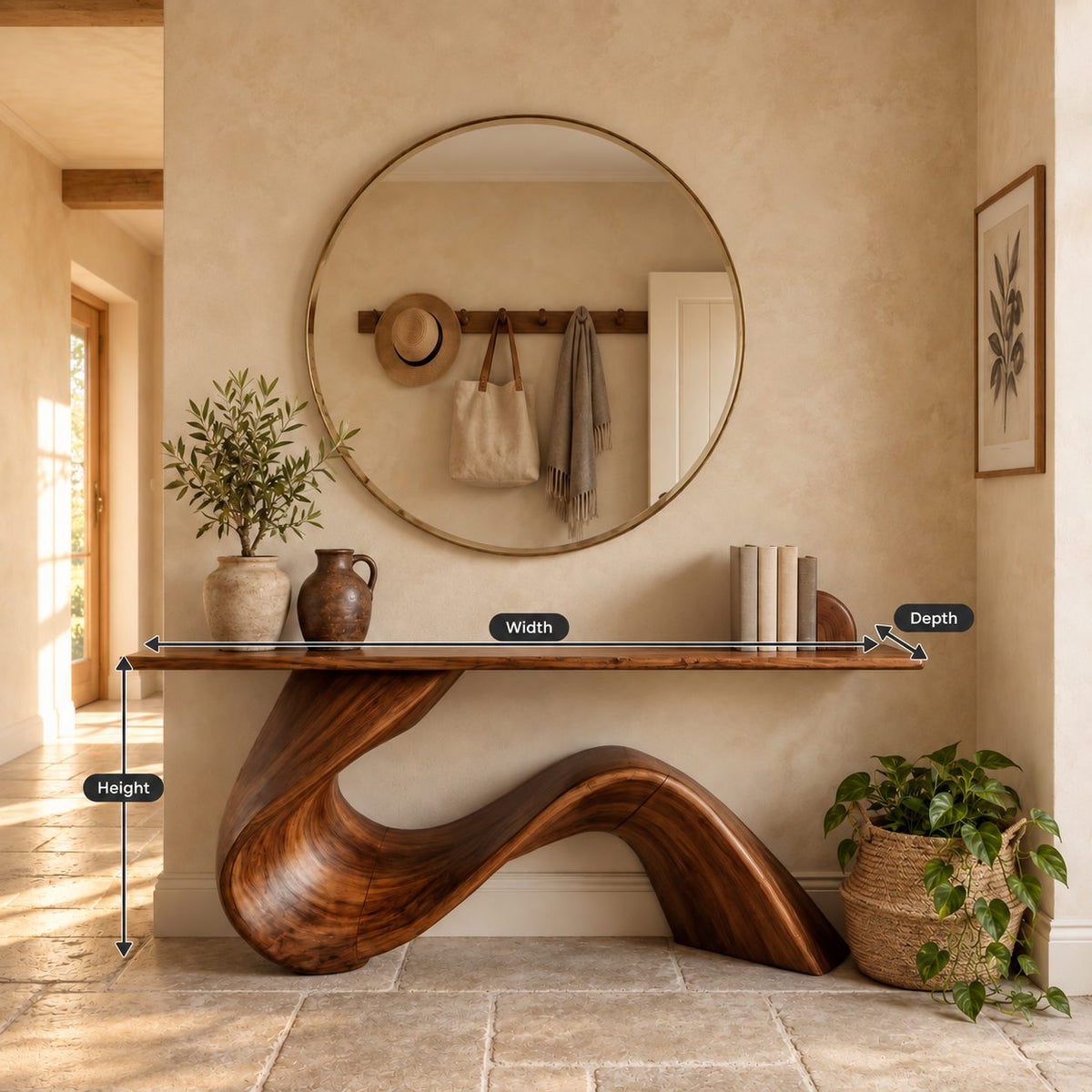Live Edge Console Table with Wave Ribbon Base, Sculptural Solid Wood Entryway Table