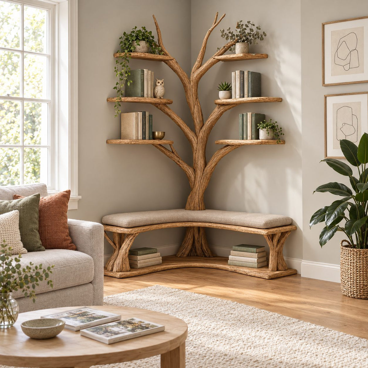 Corner Hall Tree Bookshelf with L Shaped Wood Bench and Lower Book Shelf, Floating Branch Shelves