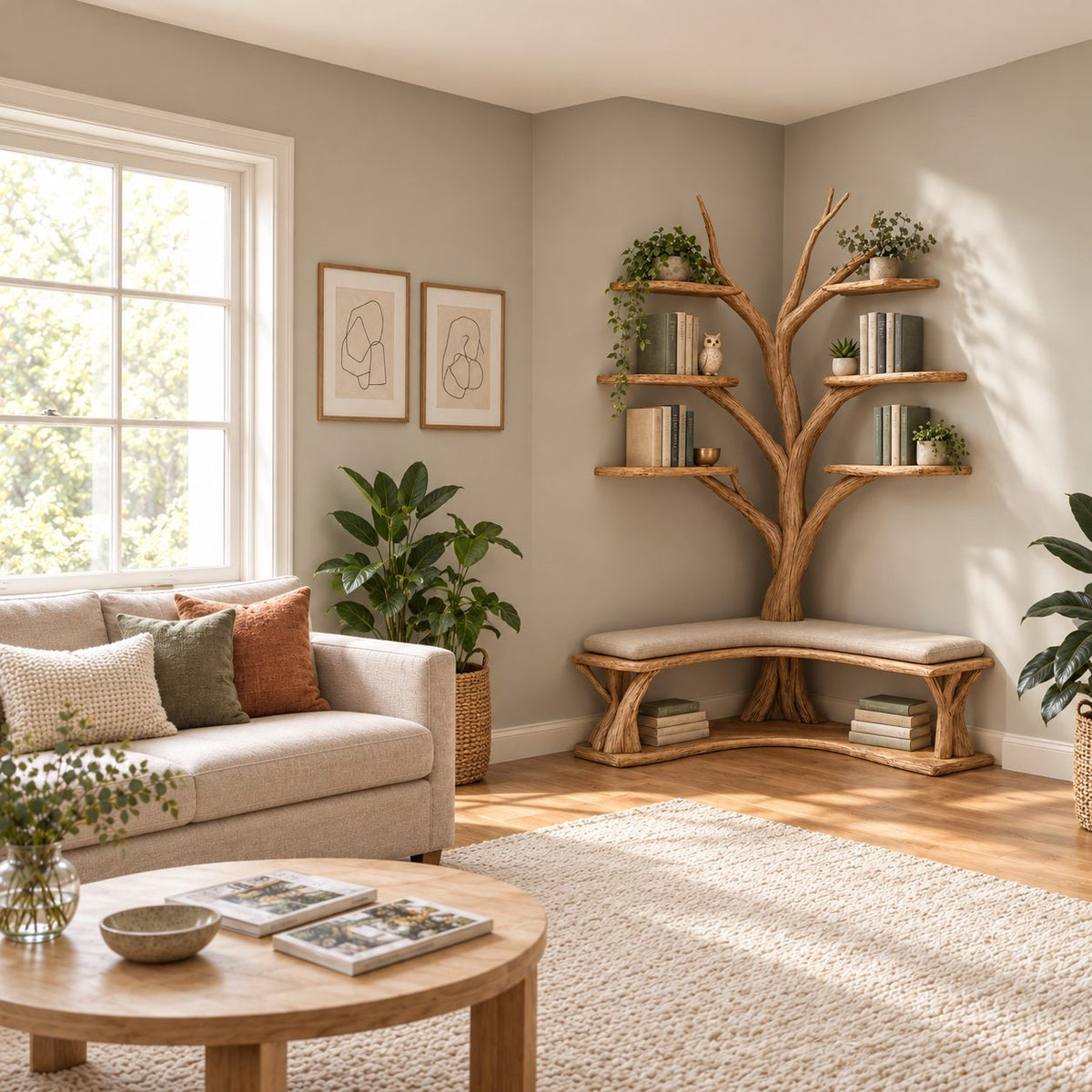 Corner Hall Tree Bookshelf with L Shaped Wood Bench and Lower Book Shelf, Floating Branch Shelves