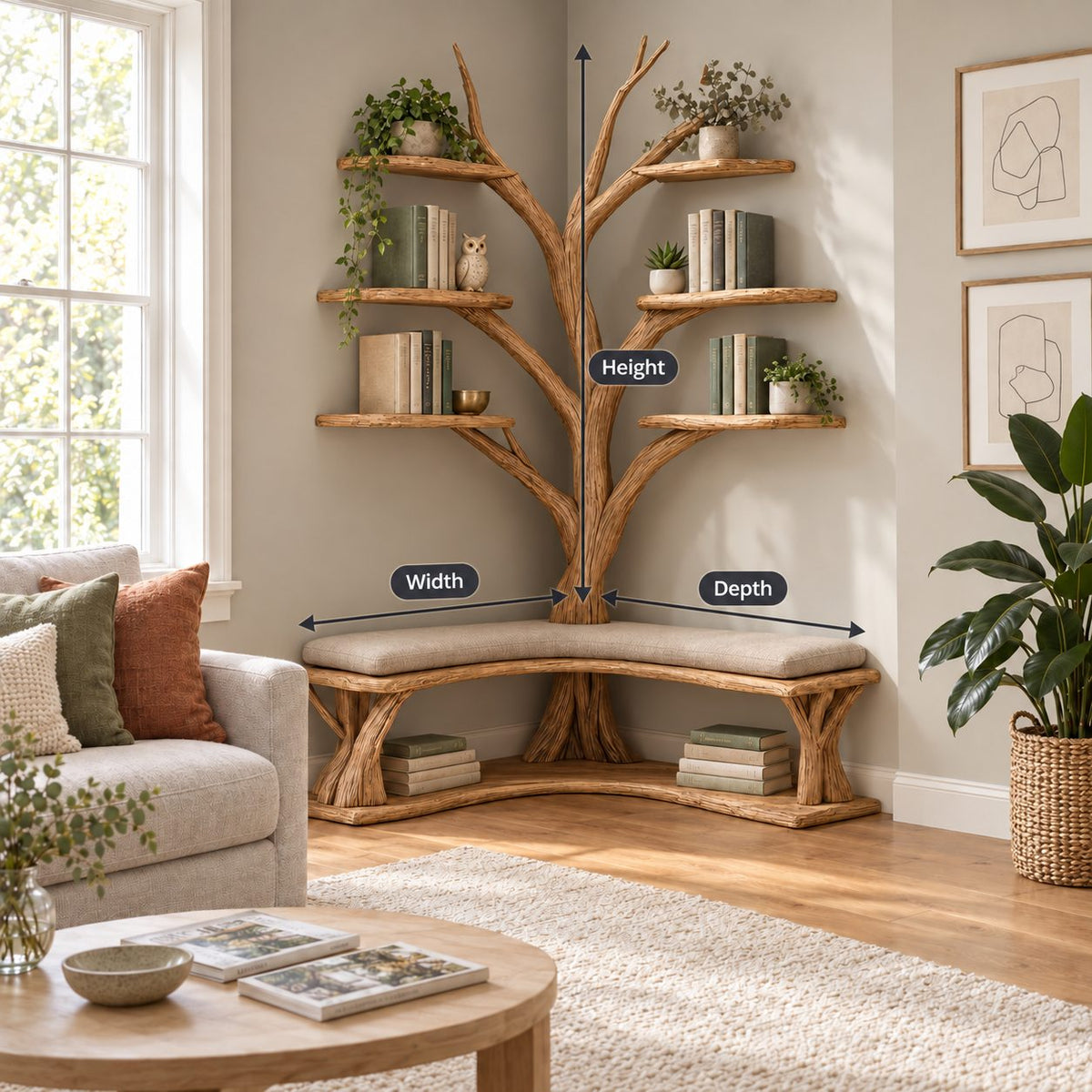 Corner Hall Tree Bookshelf with L Shaped Wood Bench and Lower Book Shelf, Floating Branch Shelves