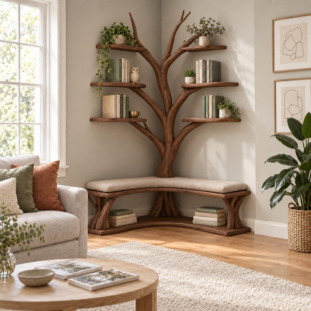 Corner Hall Tree Bookshelf with L Shaped Wood Bench and Lower Book Shelf, Floating Branch Shelves