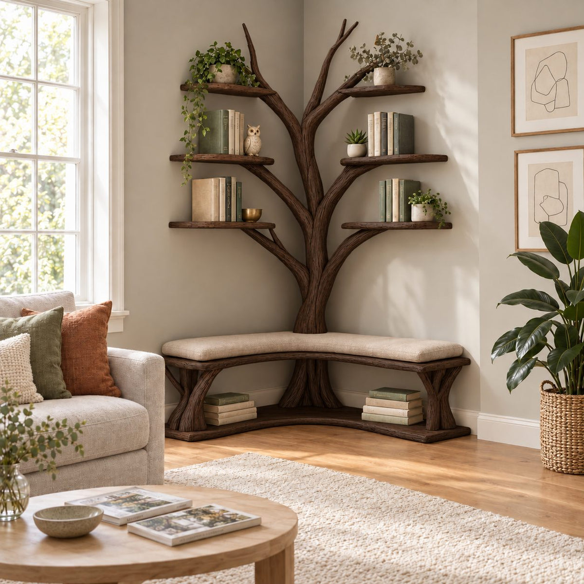 Corner Hall Tree Bookshelf with L Shaped Wood Bench and Lower Book Shelf, Floating Branch Shelves