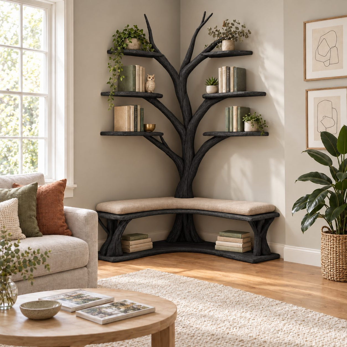 Corner Hall Tree Bookshelf with L Shaped Wood Bench and Lower Book Shelf, Floating Branch Shelves