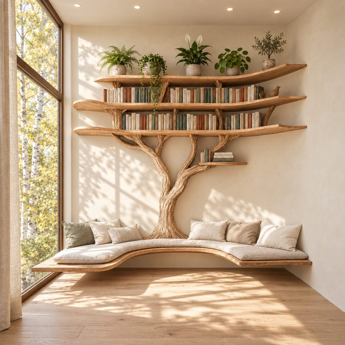 Alcove Tree Bookshelf with Long Floating Window Bench and Wide Tiered Branch Shelves, Wall to Wall