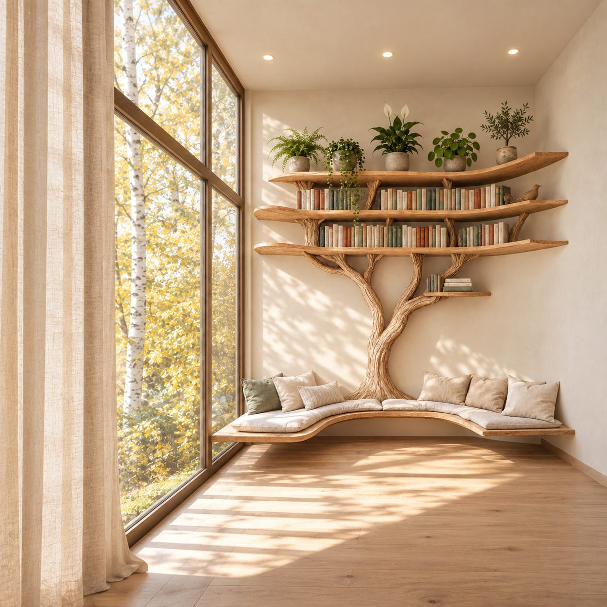 Alcove Tree Bookshelf with Long Floating Window Bench and Wide Tiered Branch Shelves, Wall to Wall