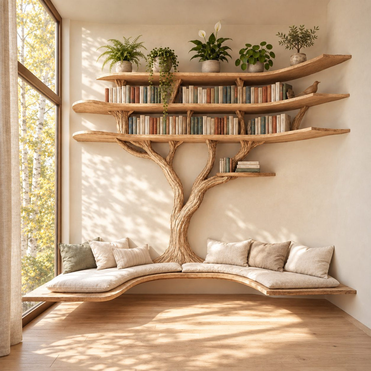 Alcove Tree Bookshelf with Long Floating Window Bench and Wide Tiered Branch Shelves, Wall to Wall