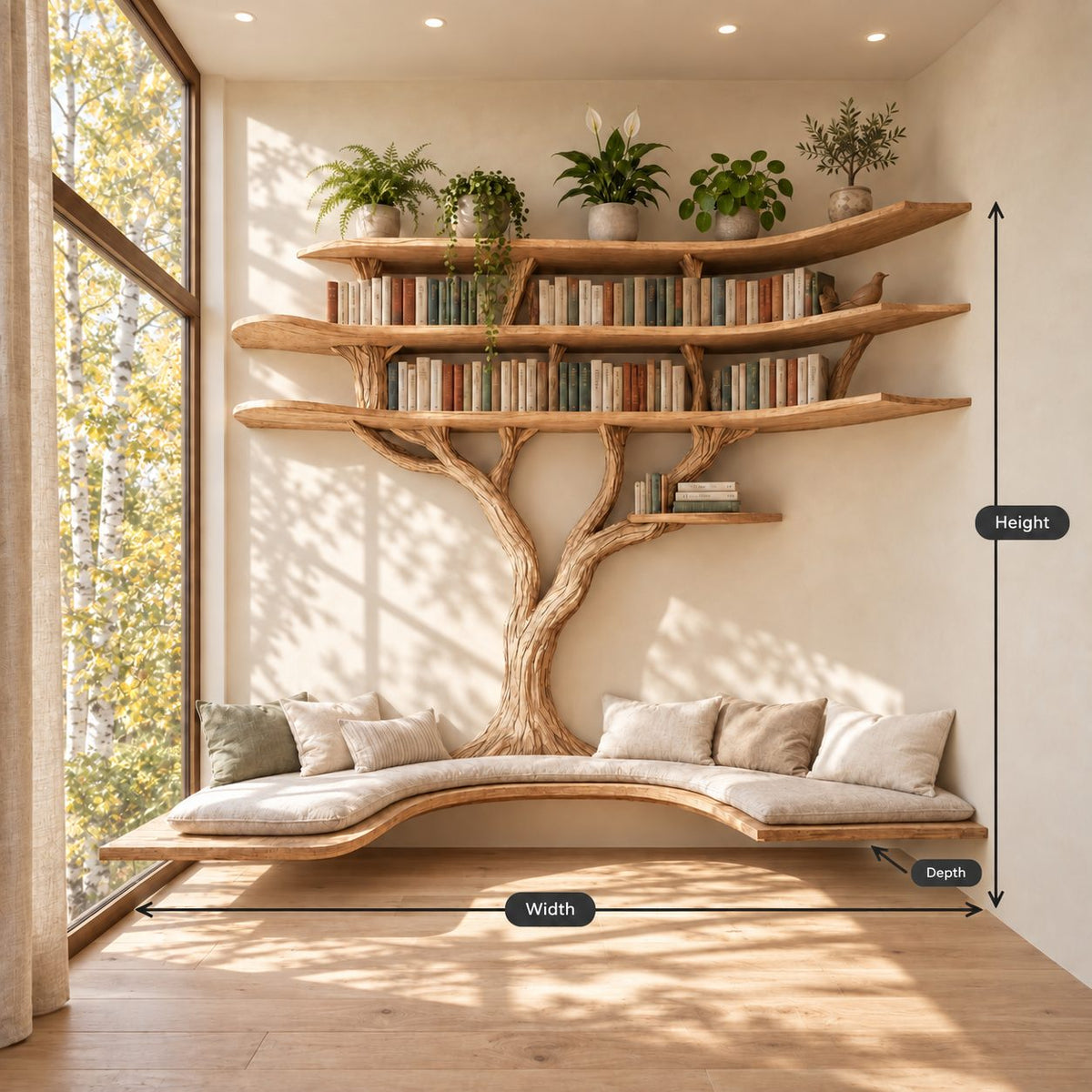 Alcove Tree Bookshelf with Long Floating Window Bench and Wide Tiered Branch Shelves, Wall to Wall