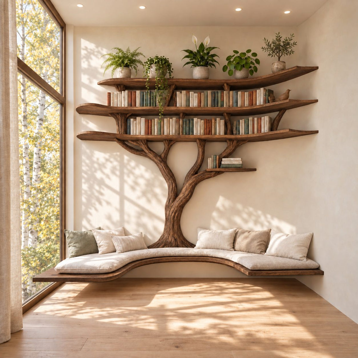Alcove Tree Bookshelf with Long Floating Window Bench and Wide Tiered Branch Shelves, Wall to Wall