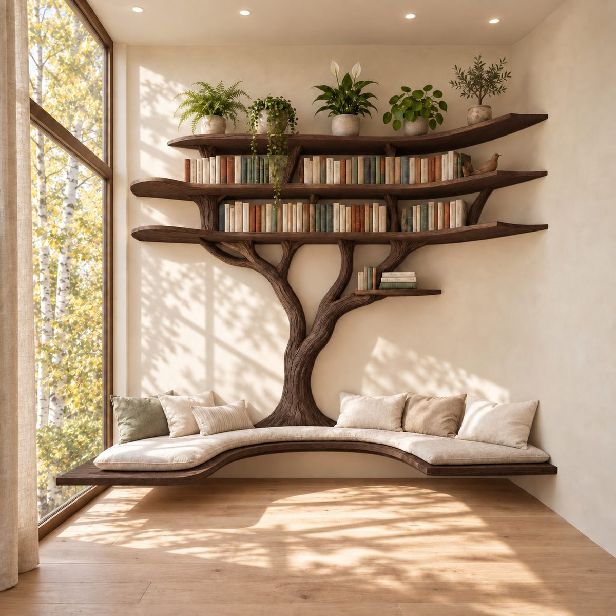 Alcove Tree Bookshelf with Long Floating Window Bench and Wide Tiered Branch Shelves, Wall to Wall