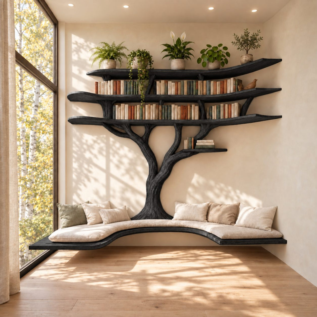 Alcove Tree Bookshelf with Long Floating Window Bench and Wide Tiered Branch Shelves, Wall to Wall