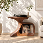Record Player Stand with Curved Sculptural Base and Open Vinyl Storage Cubby, Solid Wood Turntable Table