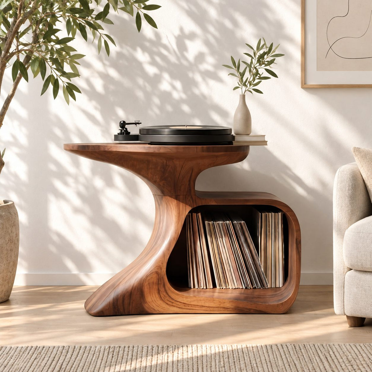 Record Player Stand with Curved Sculptural Base and Open Vinyl Storage Cubby, Solid Wood Turntable Table
