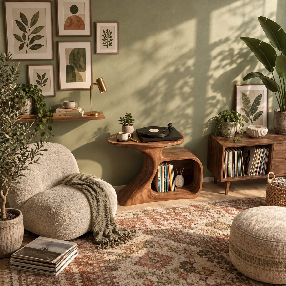 Record Player Stand with Curved Sculptural Base and Open Vinyl Storage Cubby, Solid Wood Turntable Table