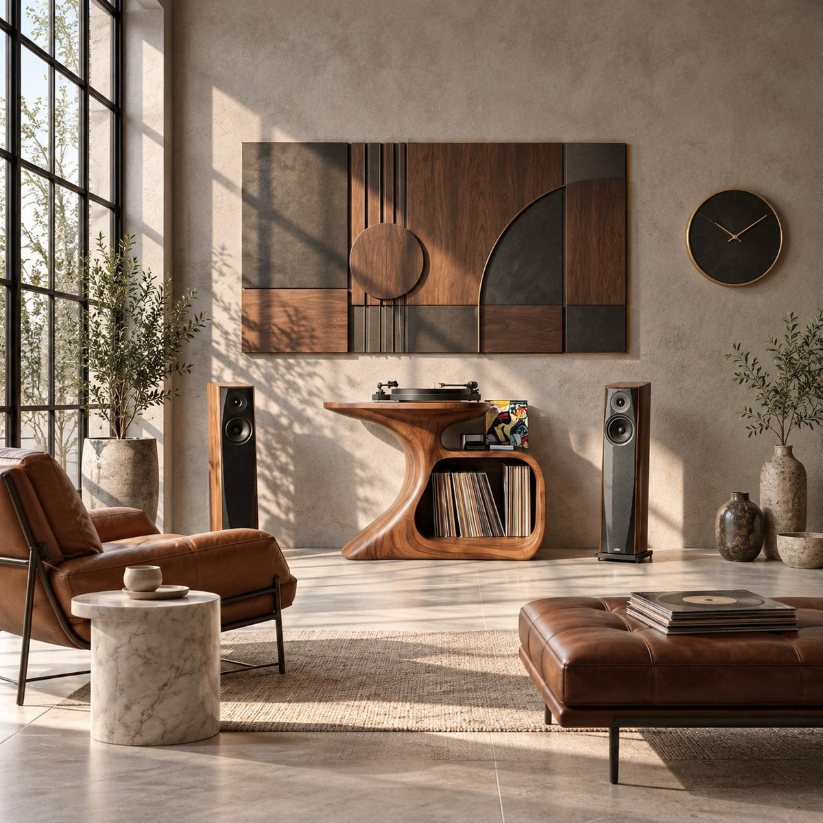 Record Player Stand with Curved Sculptural Base and Open Vinyl Storage Cubby, Solid Wood Turntable Table