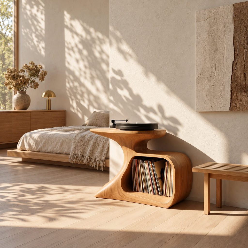 Record Player Stand with Curved Sculptural Base and Open Vinyl Storage Cubby, Solid Wood Turntable Table
