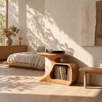 Record Player Stand with Curved Sculptural Base and Open Vinyl Storage Cubby, Solid Wood Turntable Table