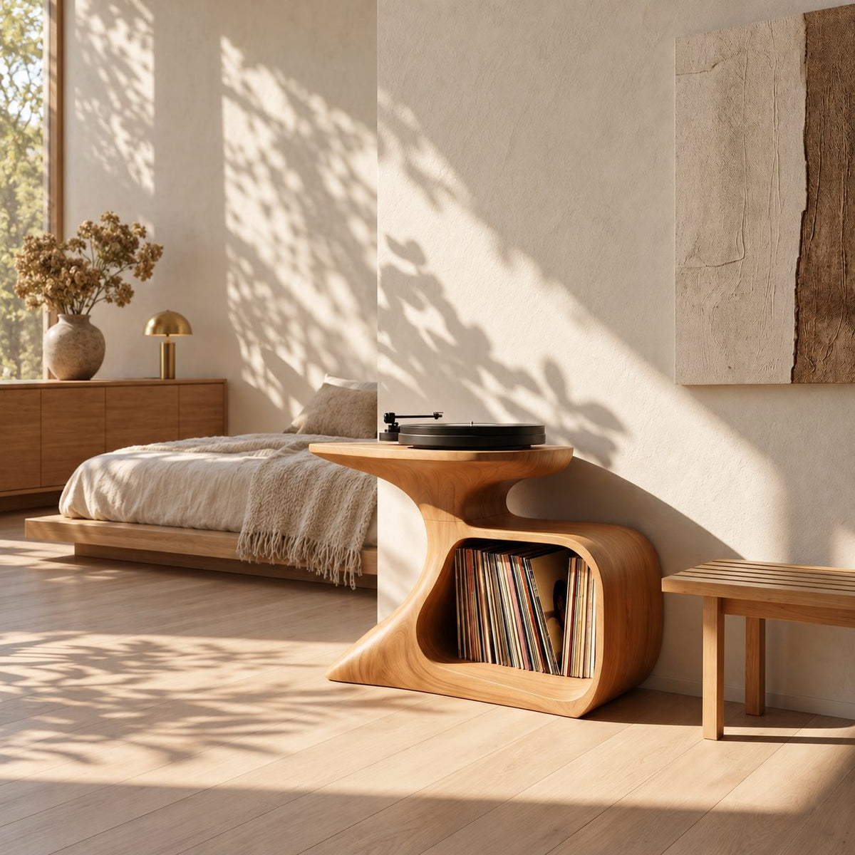 Record Player Stand with Curved Sculptural Base and Open Vinyl Storage Cubby, Solid Wood Turntable Table