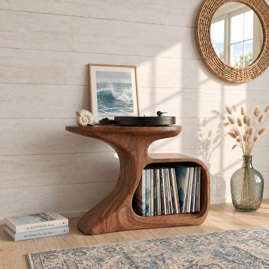 Record Player Stand with Curved Sculptural Base and Open Vinyl Storage Cubby, Solid Wood Turntable Table