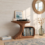 Record Player Stand with Curved Sculptural Base and Open Vinyl Storage Cubby, Solid Wood Turntable Table