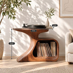 Record Player Stand with Curved Sculptural Base and Open Vinyl Storage Cubby, Solid Wood Turntable Table