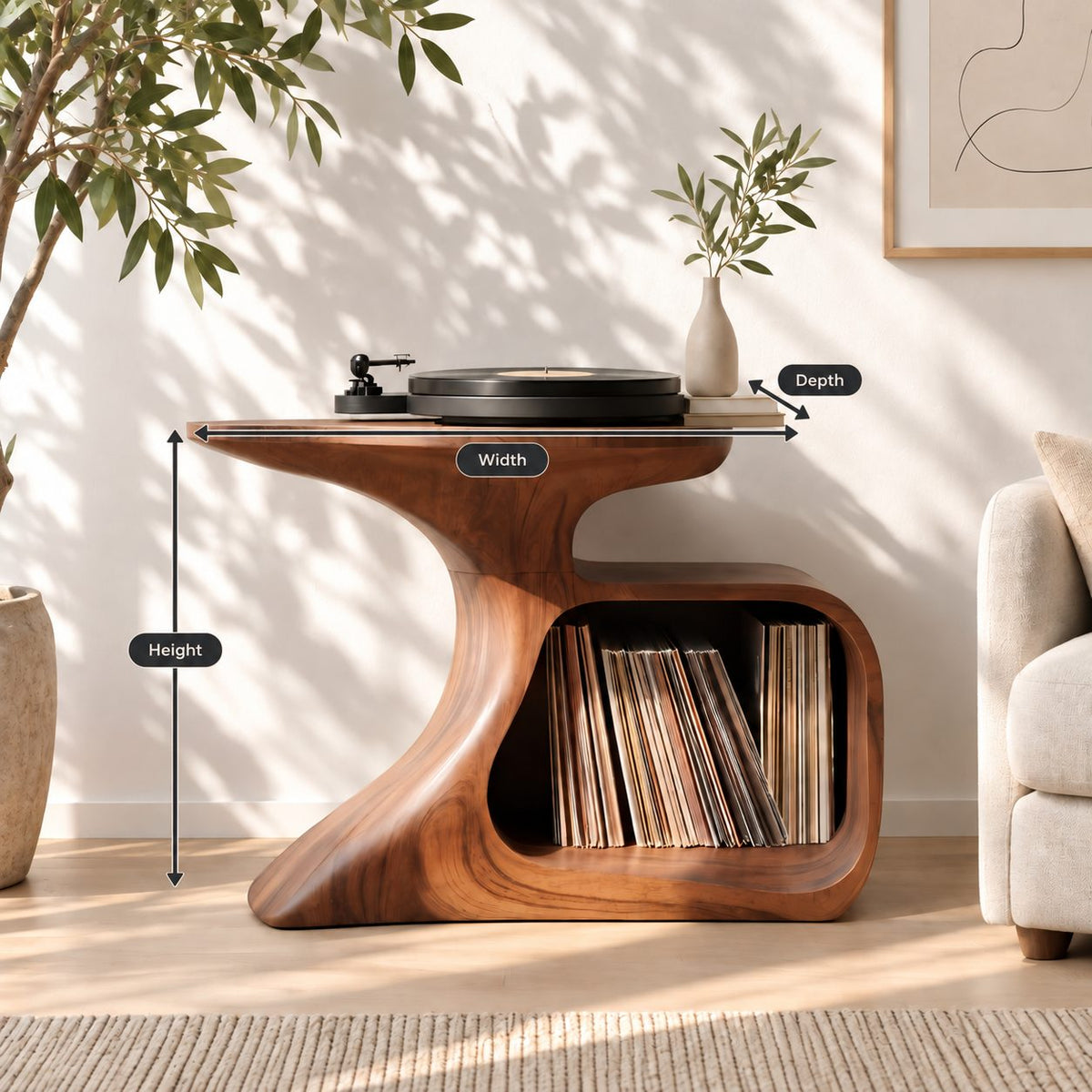 Record Player Stand with Curved Sculptural Base and Open Vinyl Storage Cubby, Solid Wood Turntable Table