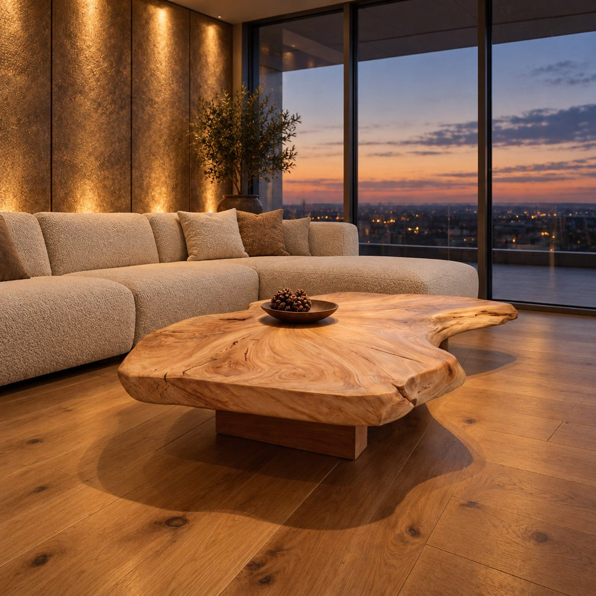Live Edge Coffee Table with Thick Organic Slab Top on Recessed Block Base, Large Solid Wood Statement Table
