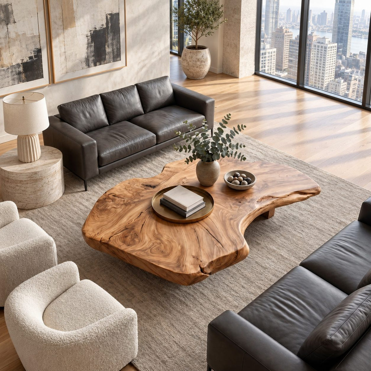 Live Edge Coffee Table with Thick Organic Slab Top on Recessed Block Base, Large Solid Wood Statement Table