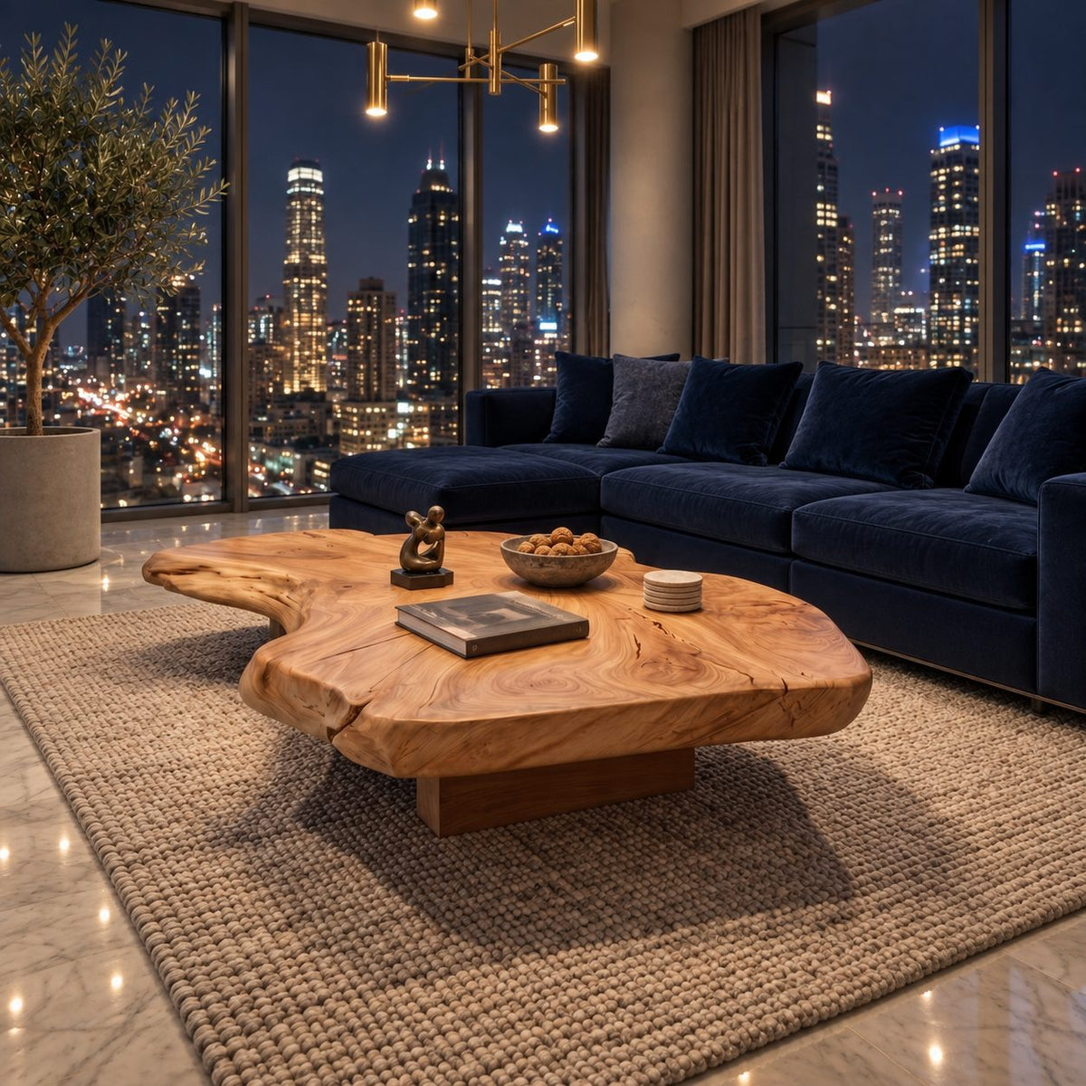 Live Edge Coffee Table with Thick Organic Slab Top on Recessed Block Base, Large Solid Wood Statement Table