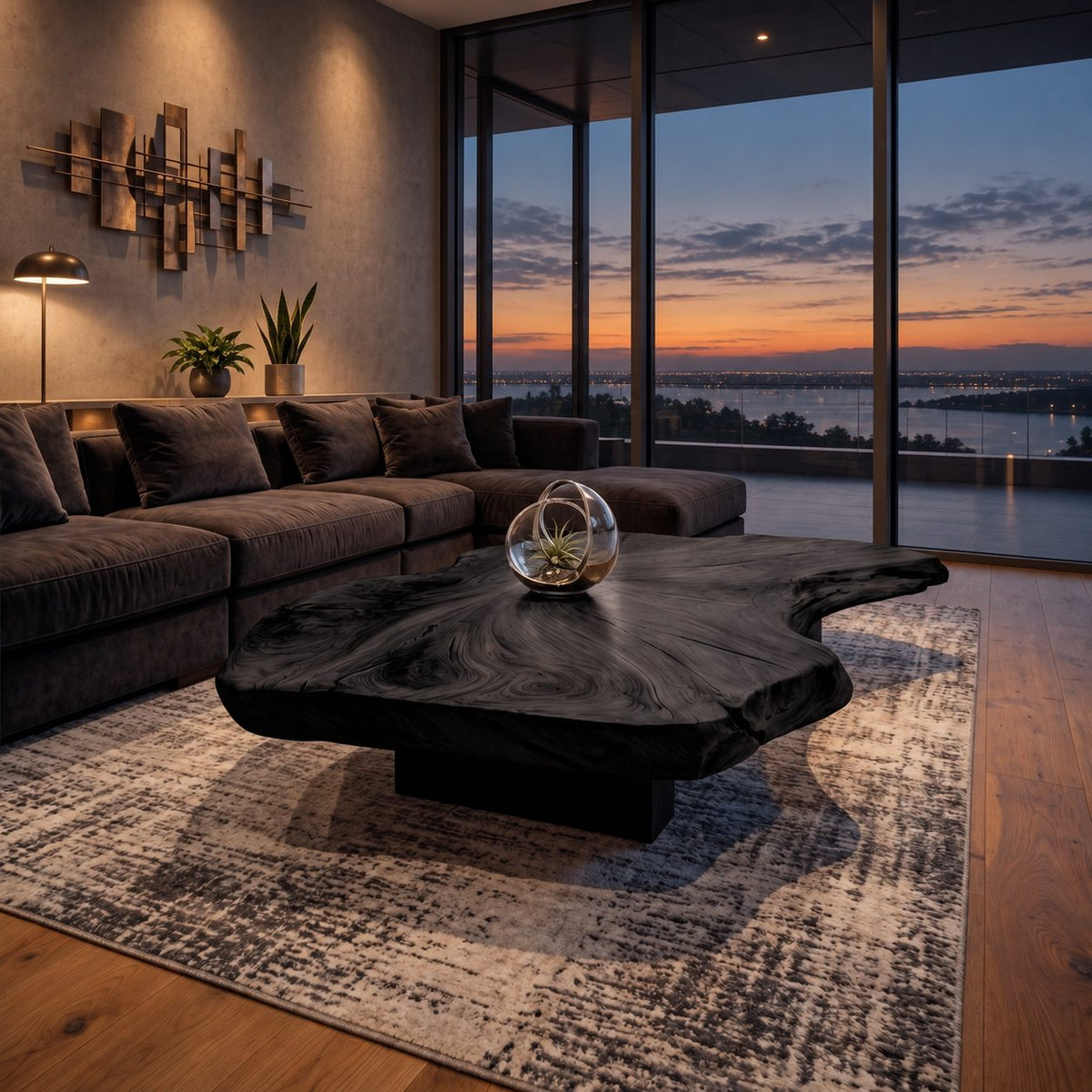 Live Edge Coffee Table with Thick Organic Slab Top on Recessed Block Base, Large Solid Wood Statement Table