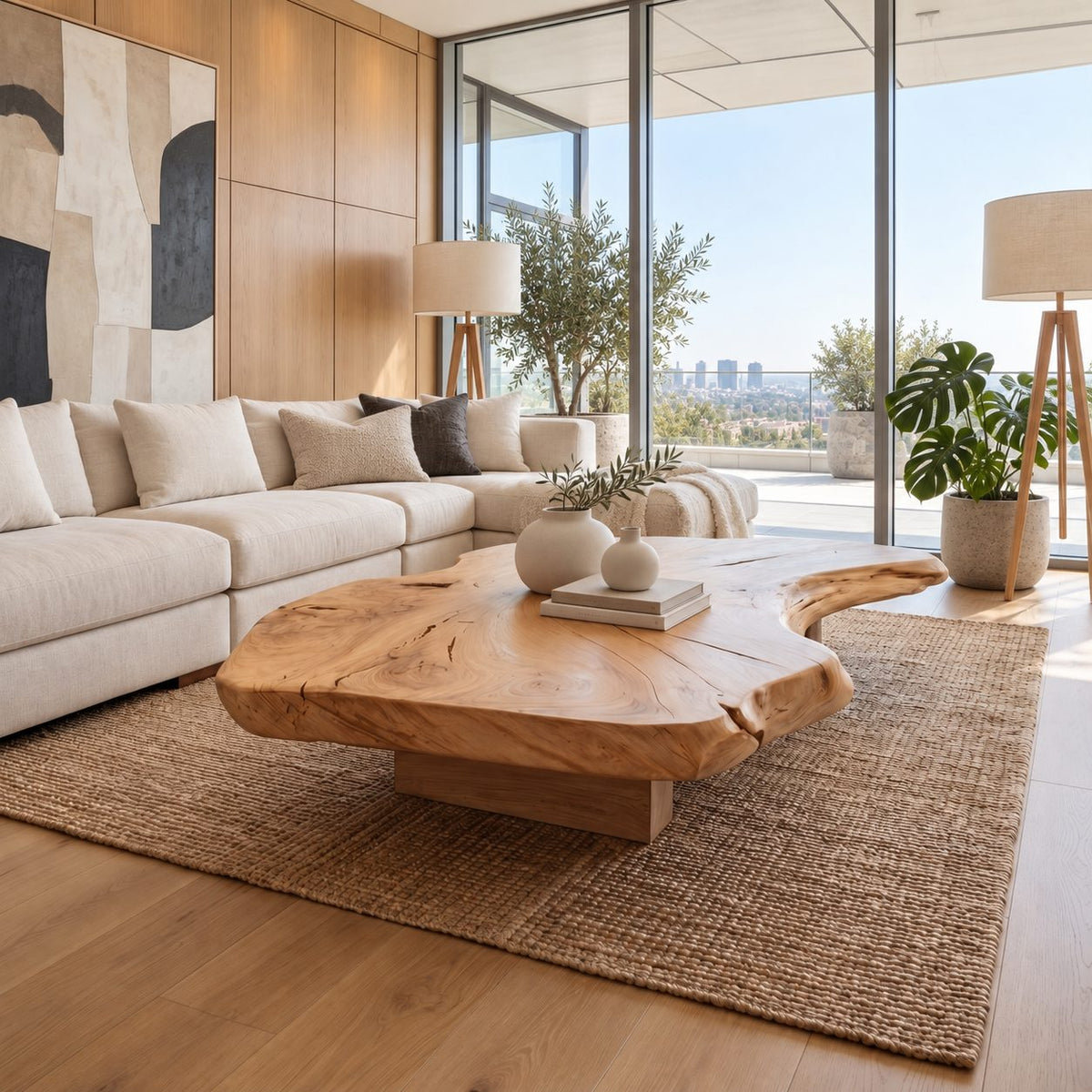 Live Edge Coffee Table with Thick Organic Slab Top on Recessed Block Base, Large Solid Wood Statement Table