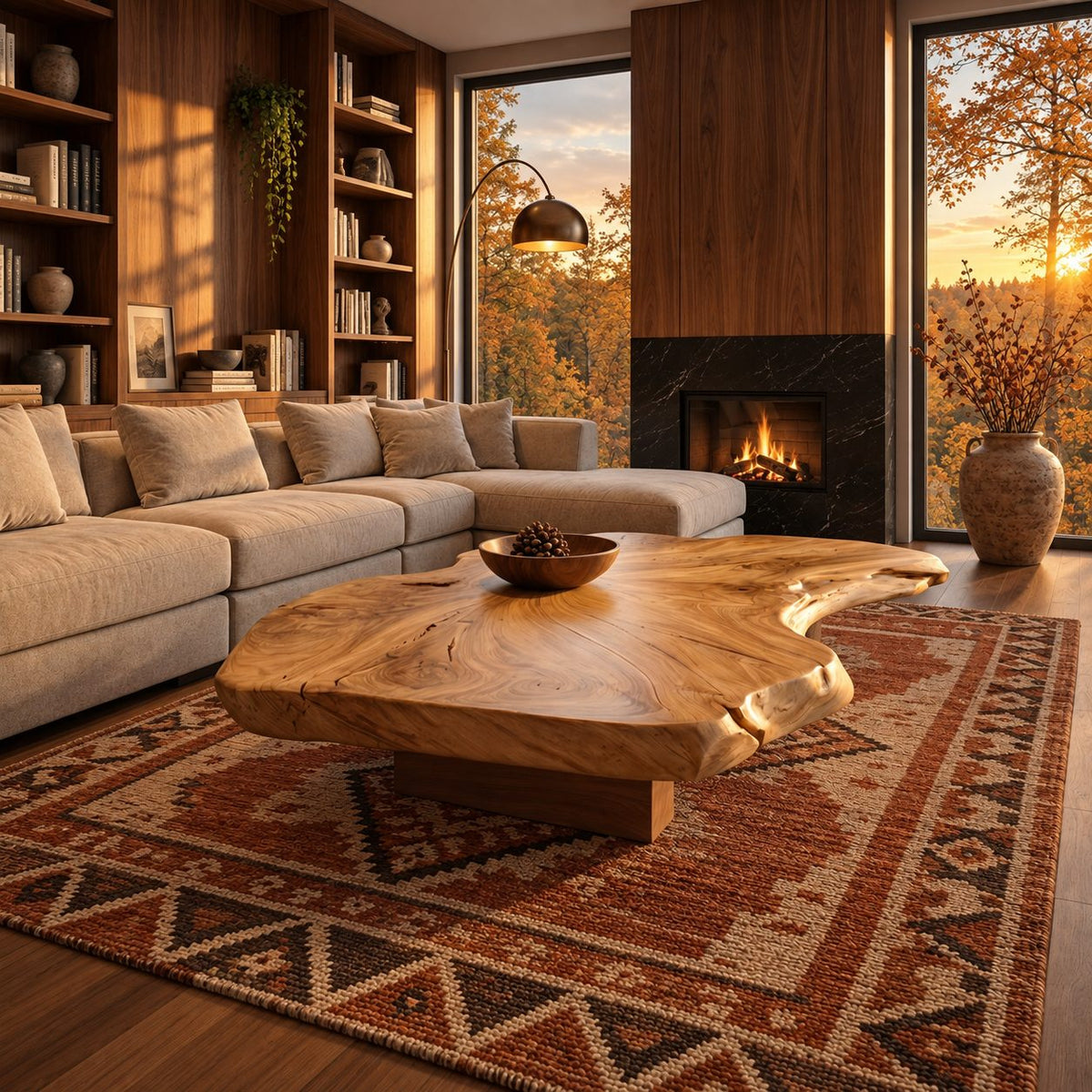 Live Edge Coffee Table with Thick Organic Slab Top on Recessed Block Base, Large Solid Wood Statement Table