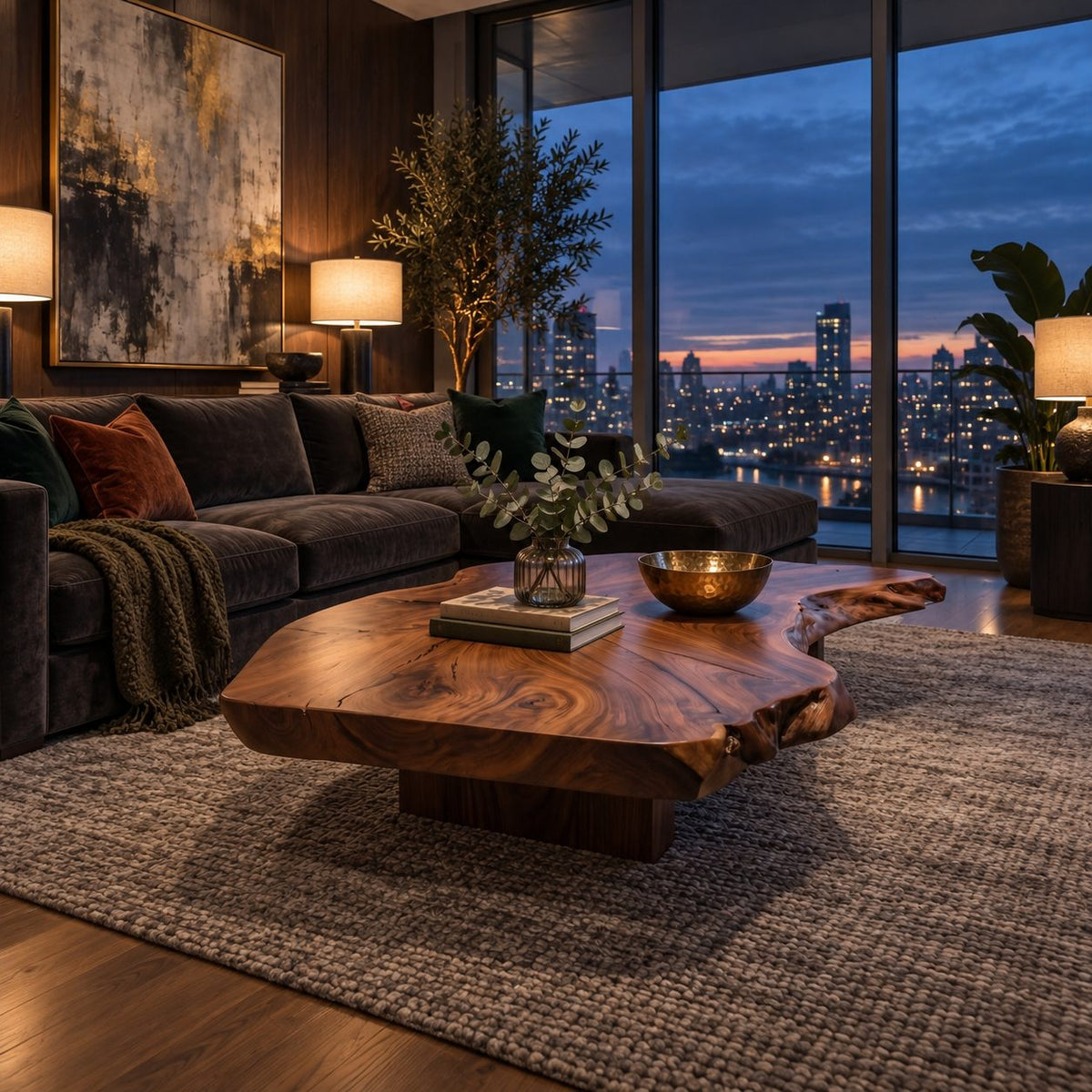 Live Edge Coffee Table with Thick Organic Slab Top on Recessed Block Base, Large Solid Wood Statement Table