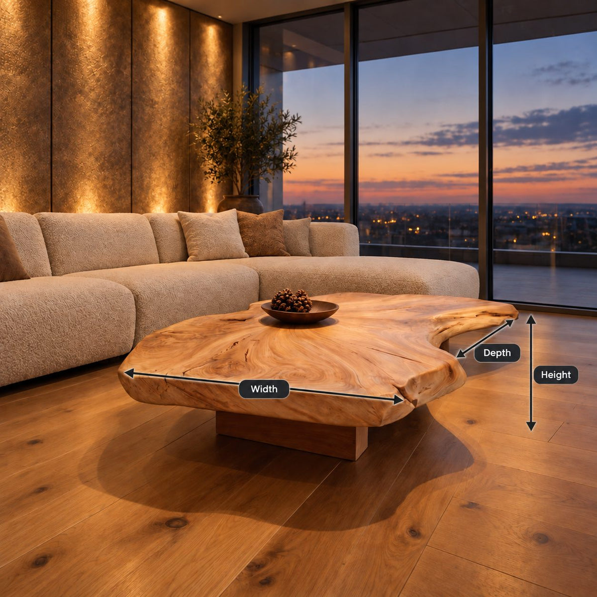 Live Edge Coffee Table with Thick Organic Slab Top on Recessed Block Base, Large Solid Wood Statement Table