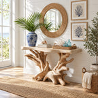 Driftwood Console Table with Coral Shaped Root Base, Coastal Live Edge Entryway Table