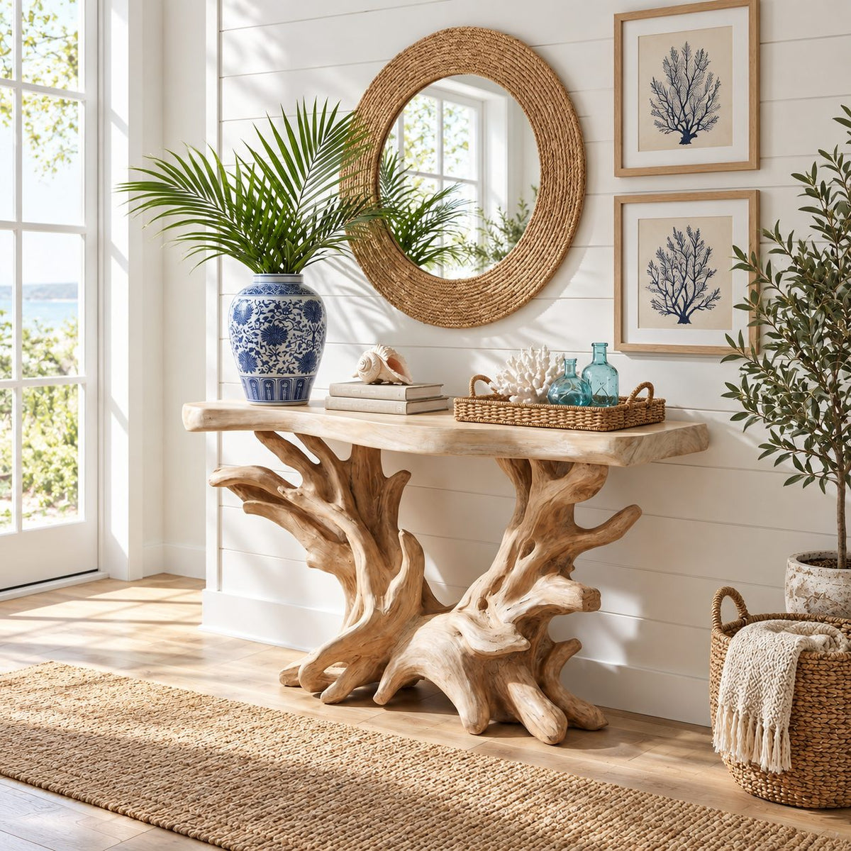 Driftwood Console Table with Coral Shaped Root Base, Coastal Live Edge Entryway Table