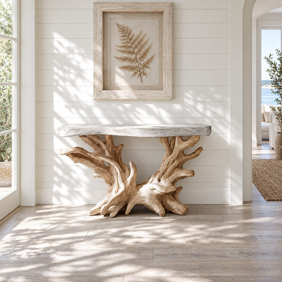 Driftwood Console Table with Coral Shaped Root Base, Coastal Live Edge Entryway Table