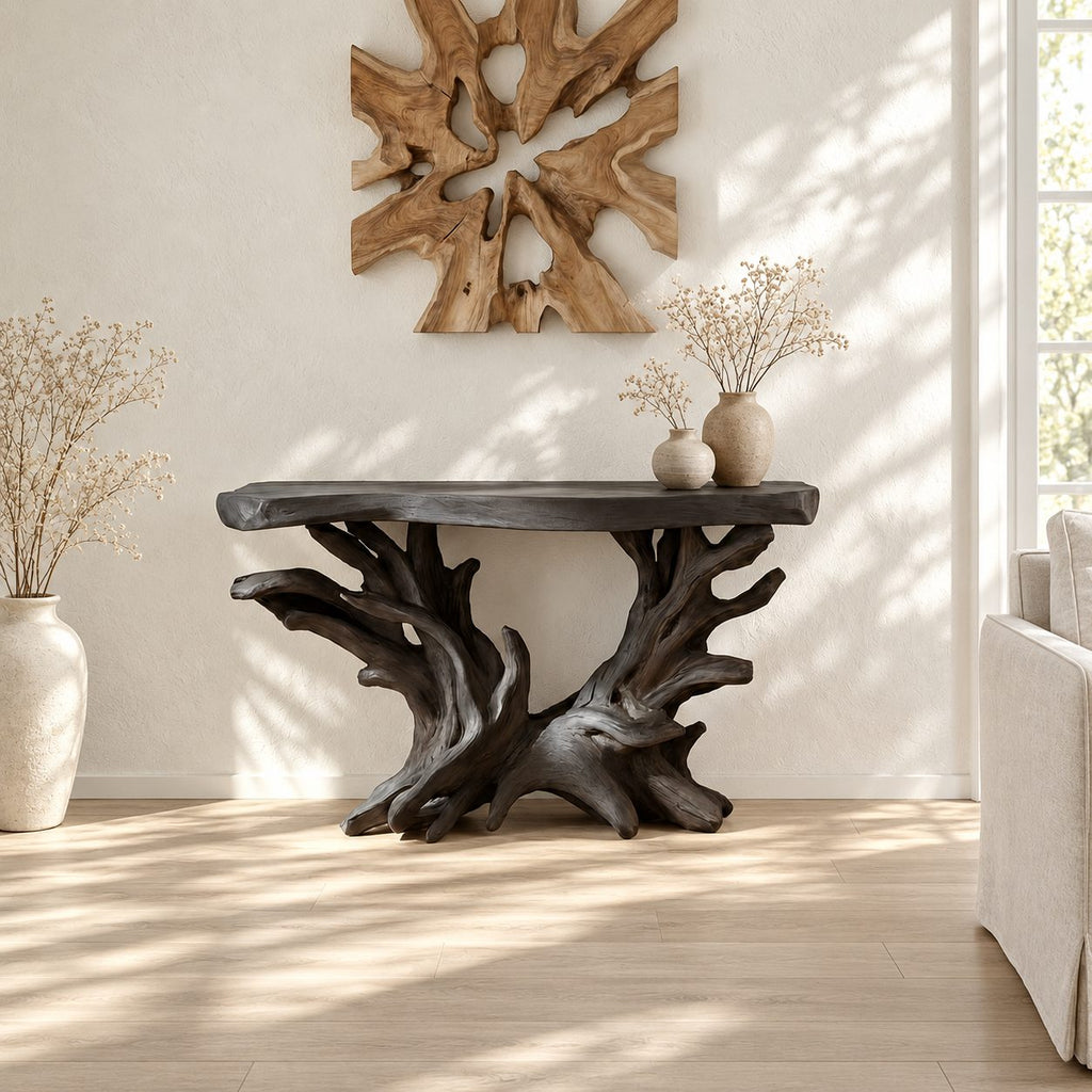 Driftwood Console Table with Coral Shaped Root Base, Coastal Live Edge Entryway Table
