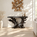 Driftwood Console Table with Coral Shaped Root Base, Coastal Live Edge Entryway Table