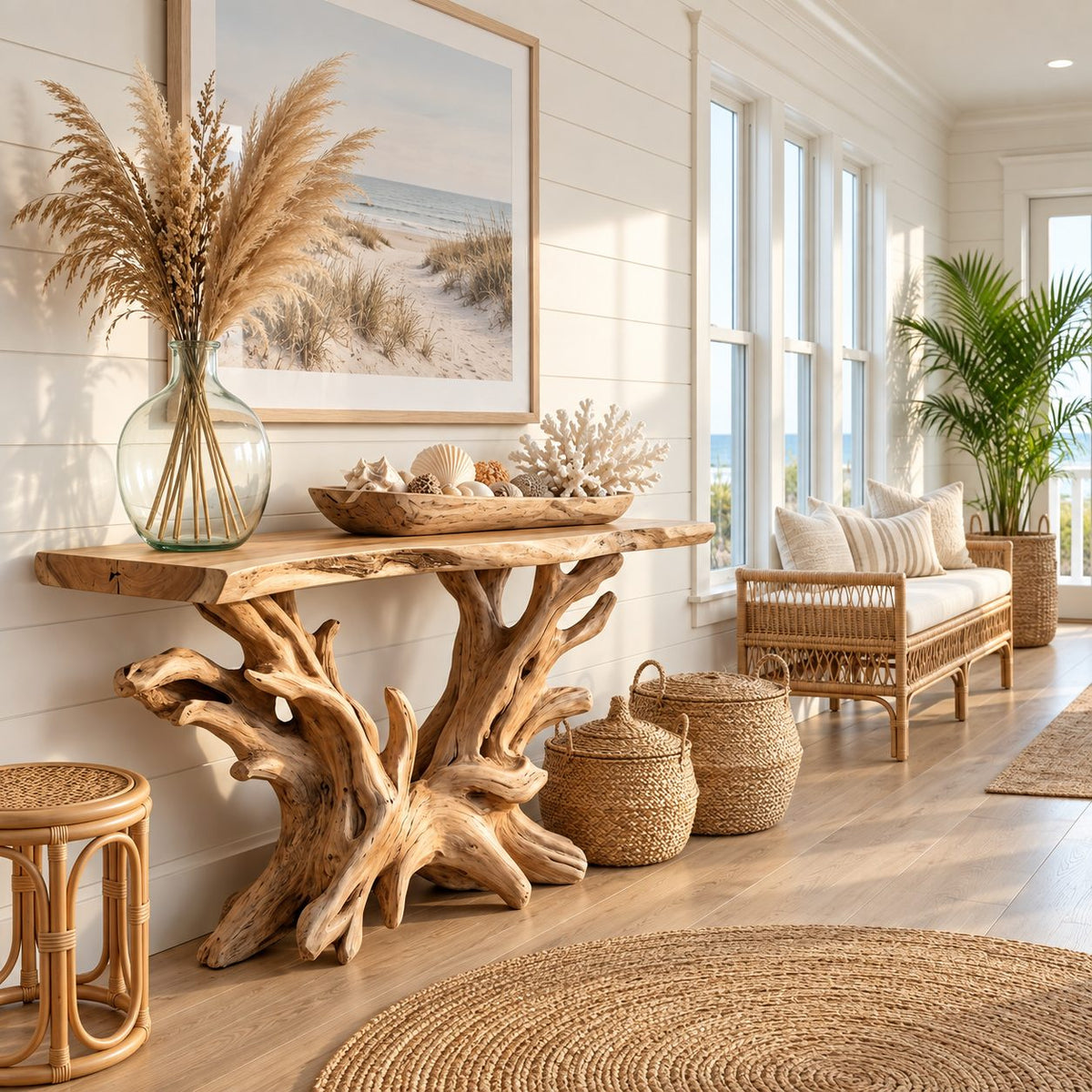 Driftwood Console Table with Coral Shaped Root Base, Coastal Live Edge Entryway Table
