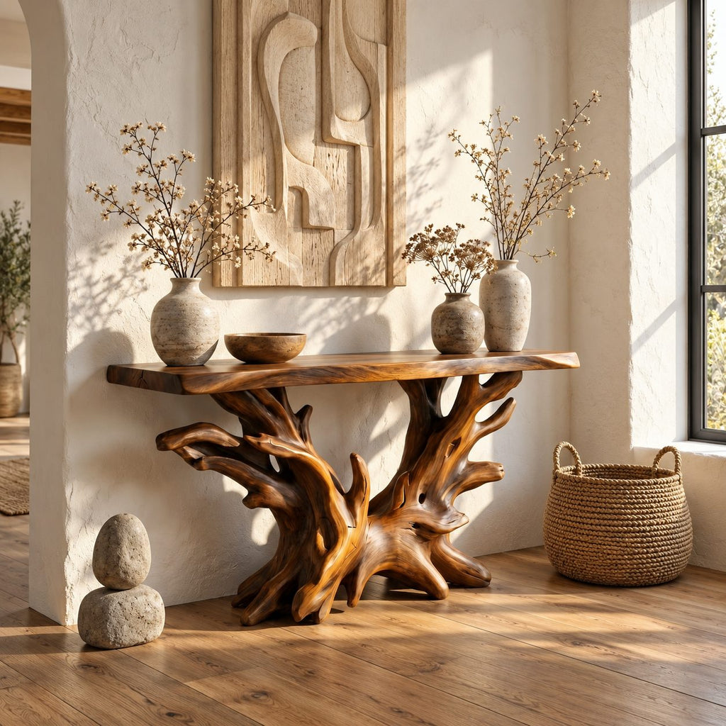 Driftwood Console Table with Coral Shaped Root Base, Coastal Live Edge Entryway Table