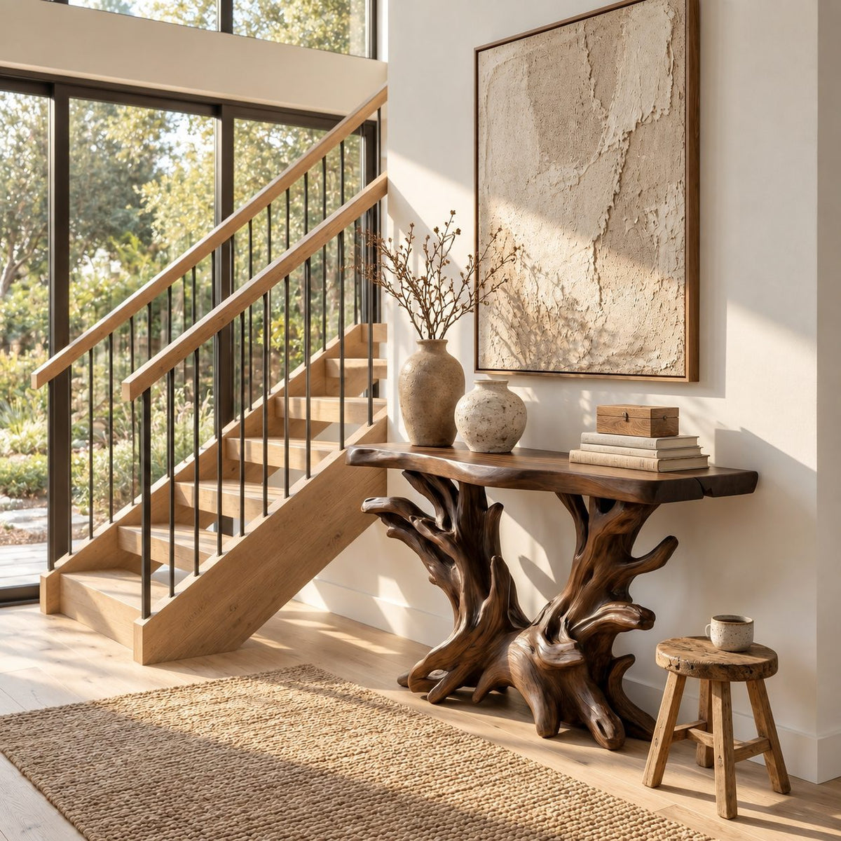 Driftwood Console Table with Coral Shaped Root Base, Coastal Live Edge Entryway Table