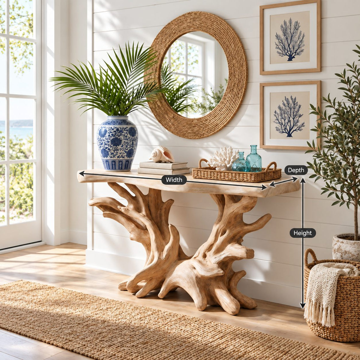 Driftwood Console Table with Coral Shaped Root Base, Coastal Live Edge Entryway Table