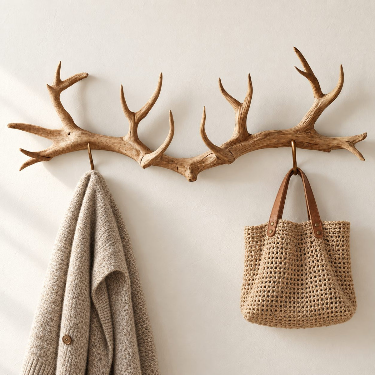 Antler Coat Rack Wall Mounted, Carved Solid Wood Antler Hanger with Hooks for Entryway and Mudroom