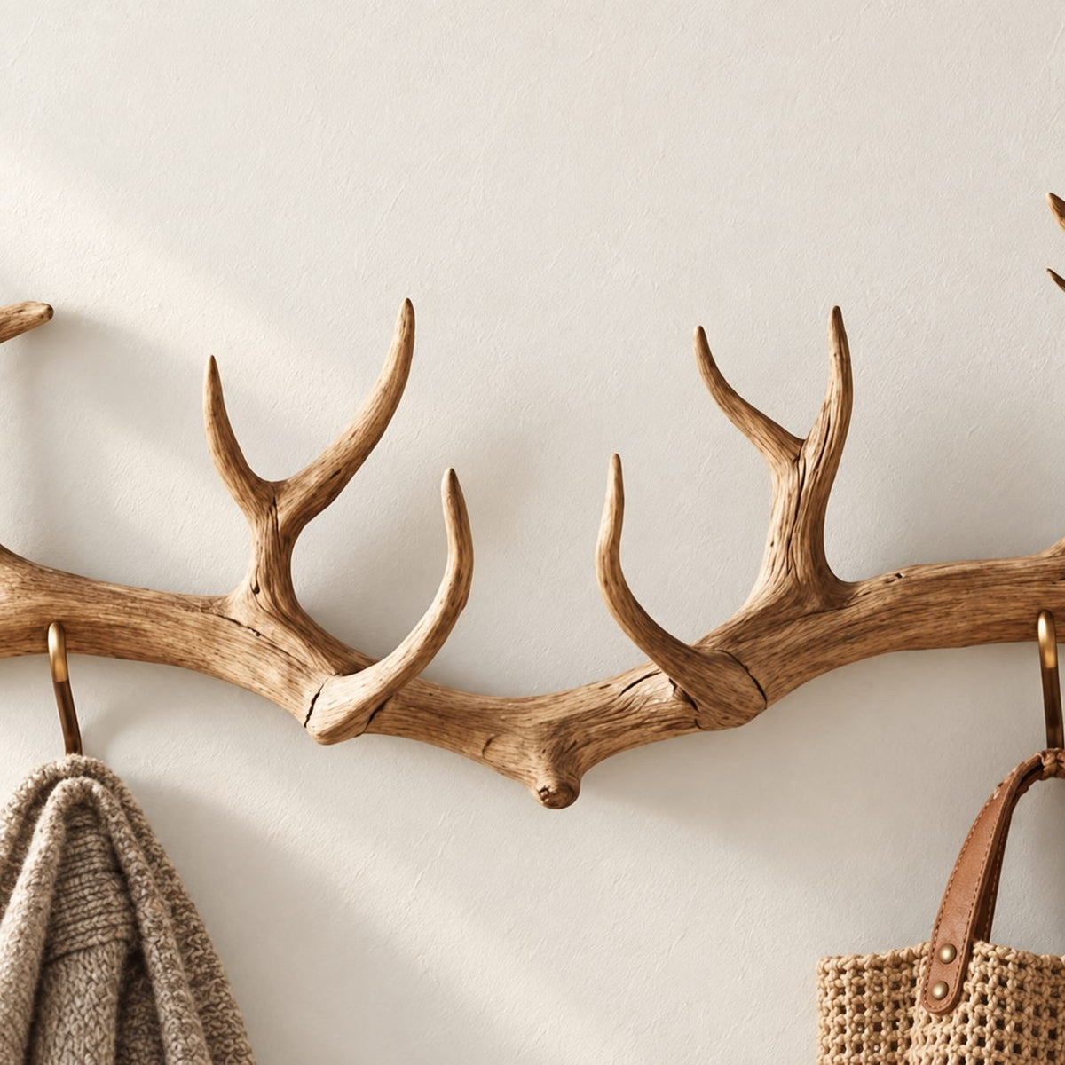 Antler Coat Rack Wall Mounted, Carved Solid Wood Antler Hanger with Hooks for Entryway and Mudroom