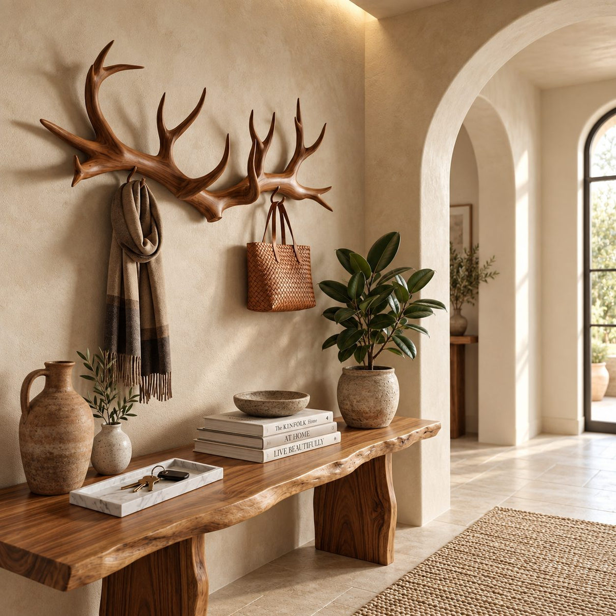 Antler Coat Rack Wall Mounted, Carved Solid Wood Antler Hanger with Hooks for Entryway and Mudroom