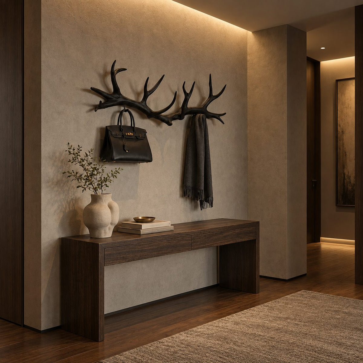Antler Coat Rack Wall Mounted, Carved Solid Wood Antler Hanger with Hooks for Entryway and Mudroom