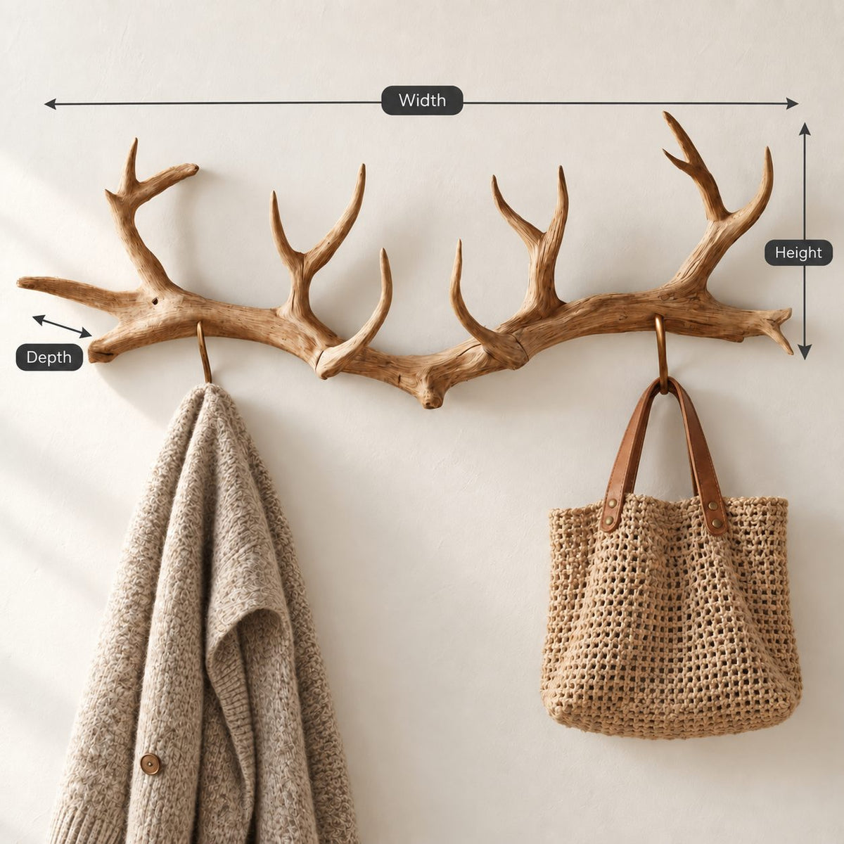 Antler Coat Rack Wall Mounted, Carved Solid Wood Antler Hanger with Hooks for Entryway and Mudroom