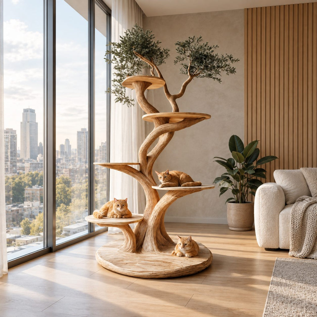 Wooden Cat Tree with Twisting Trunk and Round Perch Platforms, Solid Wood Cat Tower for Living Room