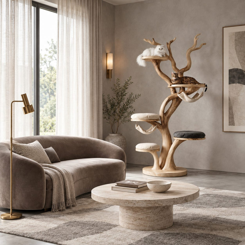 Wooden Cat Tree with Twisting Trunk and Round Perch Platforms, Solid Wood Cat Tower for Living Room