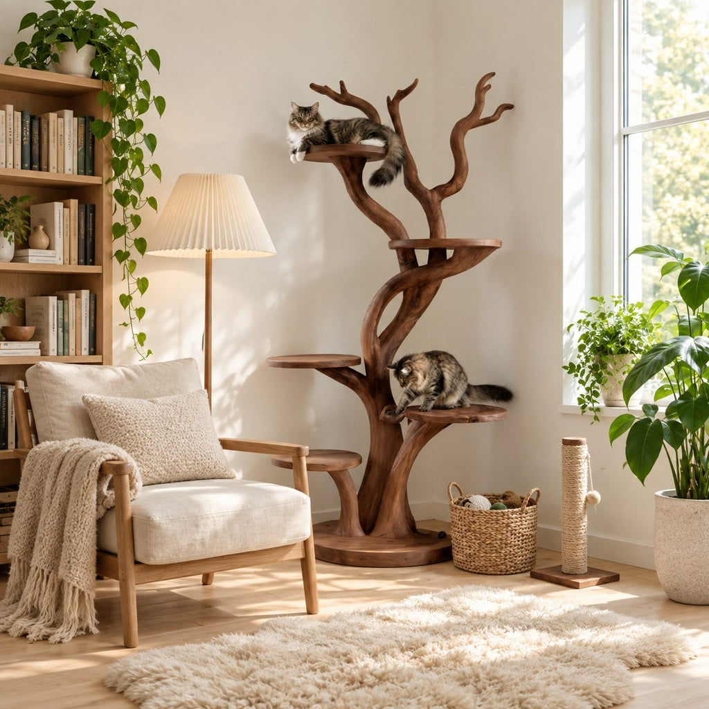 Wooden Cat Tree with Twisting Trunk and Round Perch Platforms, Solid Wood Cat Tower for Living Room